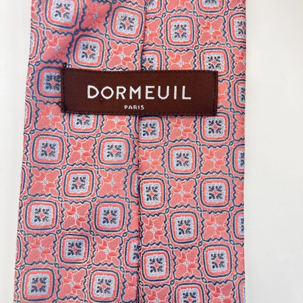 Dormeuil Silk Tie Mens OS Coral Pink Blue Geometric Medallion Excellent France